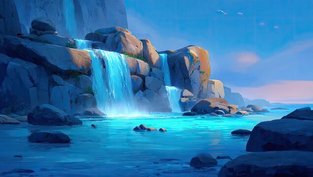 Vibrant waterfall cascading into a tranquil ocean