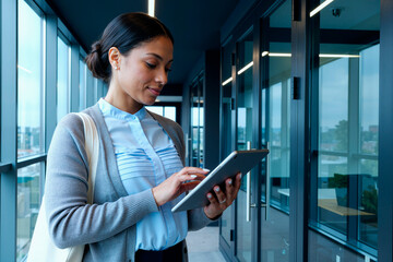Young adult Hispanic woman using digital tablet while standing in modern office hallway, focusing on screen and interacting with device, carrying shoulder bag, hair tied back