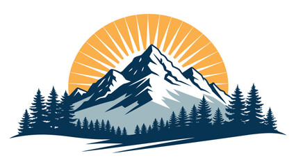 Flat logo of Mountain Silhouette with Dual Color Sunburst Vector Landscape