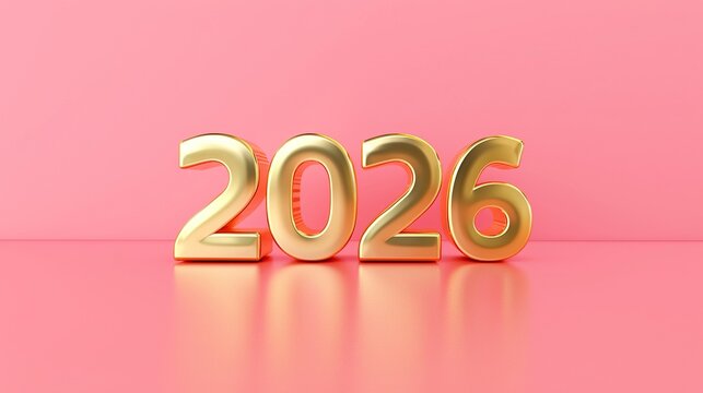 3D golden text '2026' on a pink solid background, vector illustration, with metallic texture and glossy effect, leaving white space, suitable for professional high-resolution design.