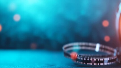 Film strip reel on blue background with bokeh lights cinematic media production concept