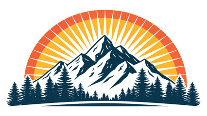 Flat logo of Mountain Silhouette with Dual Color Sunburst Vector Landscape