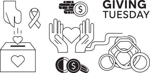 Giving Tuesday icons showing donation hand and heart support charity fundraising