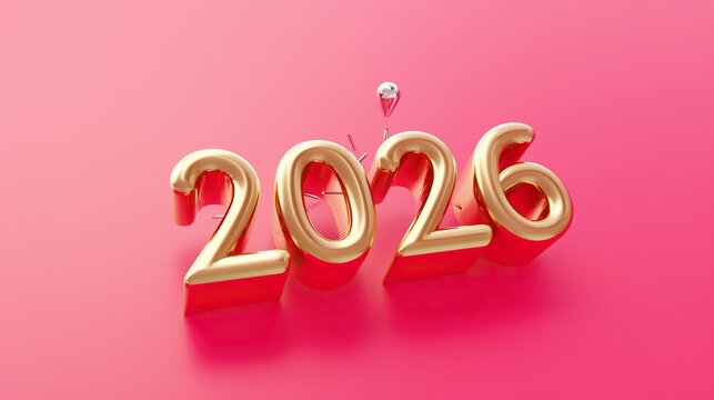 3D golden text '2026' on a pink solid background, vector illustration, with metallic texture and glossy effect, leaving white space, suitable for professional high-resolution design.