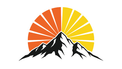 Flat logo of Mountain Silhouette with Dual Color Sunburst Vector Landscape