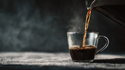 Hot coffee being poured into a clear glass cup