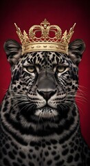 Majestic Leopard Portrait with Golden Crown on Red Background