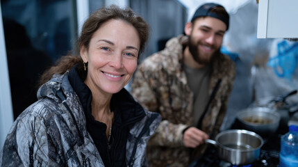 A woman and man in cozy attire cheerfully cook together in their kitchen, highlighting the joy of collaboration and intimacy while preparing a meal during winter.