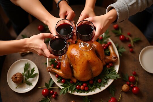 People toasting with wine glasses over roasted turkey on a festive table