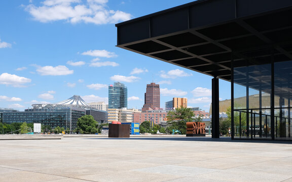 Berlin, Germany, July 2, 2022, summer view from the Neue Nationalgalerie to the ensemble of buildings at Potsdamer Platz.