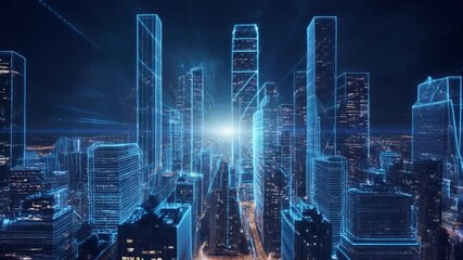 Illuminated holographic metropolitan skyline projection at night