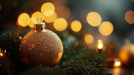 golden christmas ornament placed on an evergreen branch, with soft bokeh lights in the background creating a warm and festive atmosphere, copy space