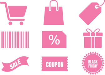 Shopping and E-Commerce Icons Set – Sale, Coupon, Tag, Gift, Barcode, Cart, and Discount Symbols for Retail and Marketing Design