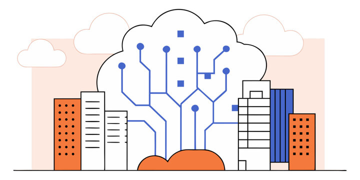Futuristic visualization of big data flow, glowing blue lines connecting digital nodes, 3D city of data, cyberpunk style.