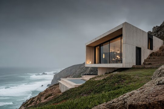 A modern coastal house with floor-to-ceiling windows stands on a cliff