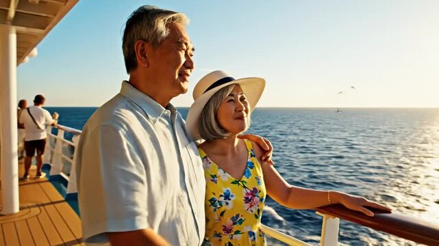 Senior couple enjoying a cruise vacation, standing on the ship’s deck with scenic ocean views, highlighting leisure travel, relaxation, and memorable moments at sea