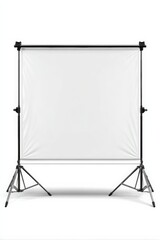 A plain white photography or video backdrop mounted on a black adjustable