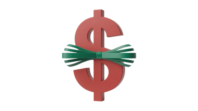 Red dollar sign symbol tied with a green ribbon and bow isolated on transparent background