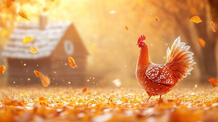 a beautiful chicken is walking on the ground, surrounded by falling leaves and a wooden house in autumn, golden sunlight illuminates everything, creating a warm, cozy atmosphere