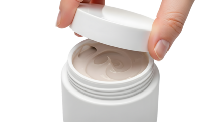 Human hands opening a white jar of cream or cosmetic product isolated on transparent background