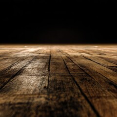 Perspective view of weathered wooden planks, dark above, softly lit