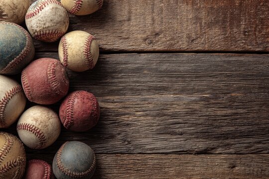 Several weathered, used baseballs scattered over rustic, textured, horizontal wooden planks - Powered by Adobe