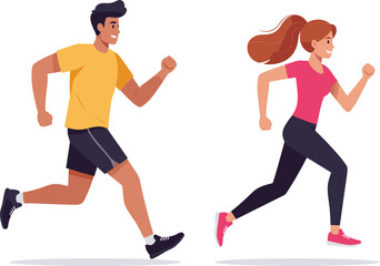 Man and woman jogging together, fitness activity, athletic clothing, health and wellness, running motion, vector illustration, active lifestyle, outdoor exercise
