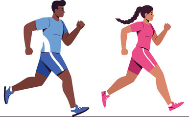 Man and woman running together, fitness activity, jogging workout, athletic clothing, health and wellness, vector illustration, outdoor exercise, active lifestyle