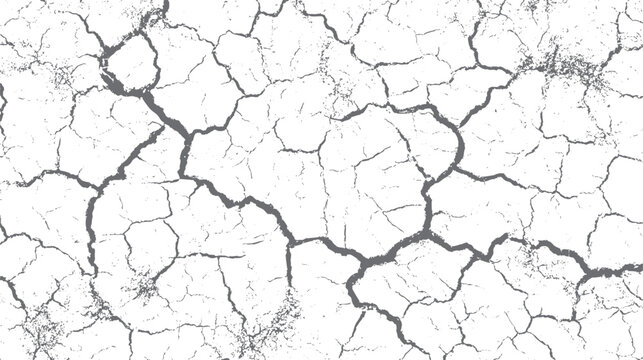 Seamless pattern of cracked dry earth surface with dark grey fissures and textured granular details on a white background