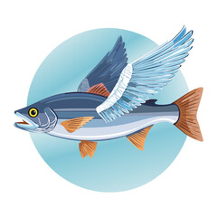 Aquatic animal illustration, a trout or salmon with large feathered wings, leaping above a bright blue piece of chilly arctic ice vector