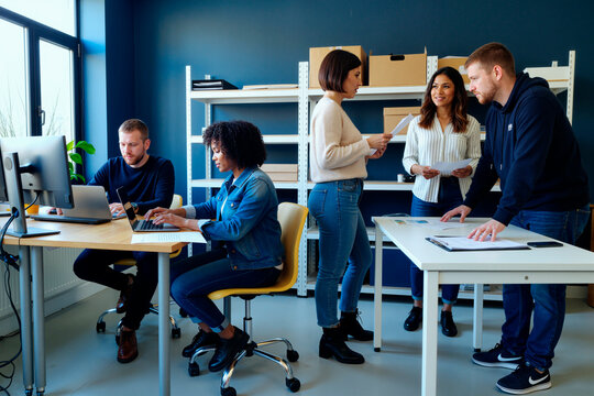 Diverse group of young adult men and women collaborating in modern office, Caucasian man using laptop, Black woman typing, two women discussing documents, man reviewing paperwork - Powered by Adobe