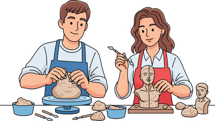 Two artists sculpting clay figures together in creative pottery studio, handmade ceramic sculpture workshop scene, students practicing sculpting techniques and artistic crafting skills