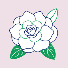 flat vector illustration of a single Gardenia (Gardenia) flower, simple minimalist style, solid pastel colors, light color background