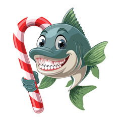 Cartoon illustration of a ferocious, smiling bass fish animal with large teeth, holding a giant red and white candy cane against a dark background vector