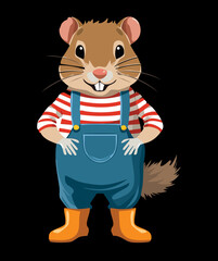 Happy cartoon illustration of a cute brown hamster animal wearing blue denim overalls and a striped shirt, standing on a white surface vector