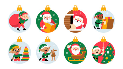 Christmas Ornament Collection: A delightful assortment of Christmas ornaments featuring festive images of Santa, elves, and holiday cheer.