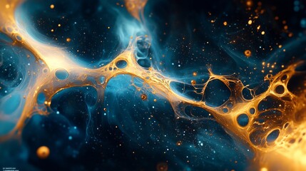 A cosmic nebula with intertwining golden and blue streams resembling neural connections will emphasise the main background of scientific articles about the universe or innovations in neurotechnology.