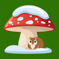 Adorable illustration of a small hamster animal hiding under a large red and white mushroom with a layer of winter snow vector