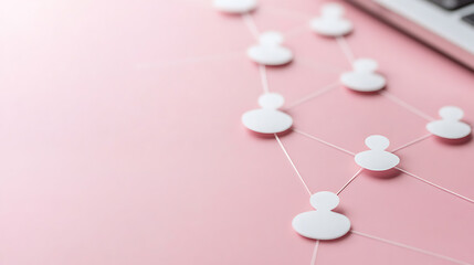 Exploring network connections with people figures over pink surface, symbolizing relationships, social media, teamwork, and the digital age, creating a modern look.