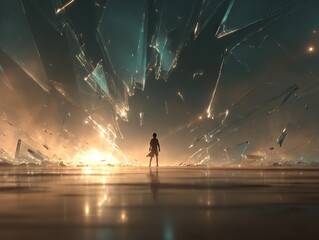 A lone figure stands before a cosmic explosion of shattering glass and rising light, silhouetted against the glowing horizon as fragments streak across the vast void