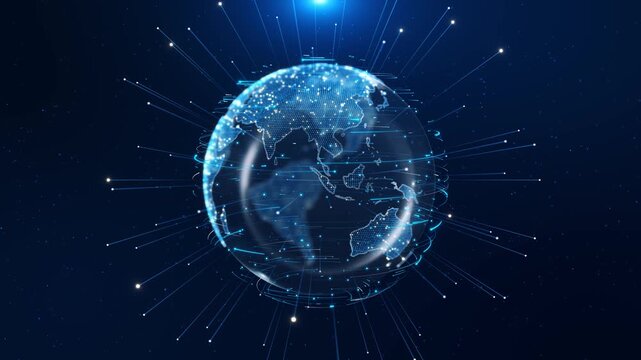4K 3D Abstract Digital Globe, Futuristic Technology Hud Planet earth globe maps world animation. Earth map digital connection social network. world data. Blockchain technology Business finance crypto