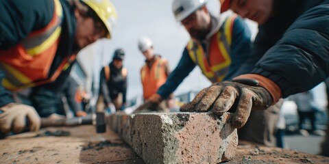 Construction workers wearing safety helmets and vests laying bricks and mortar on work table during outdoor building project teamwork