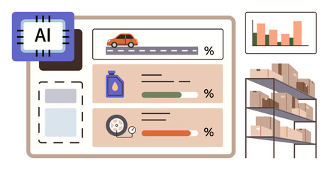AI chip, vehicle stats, oil level, tire pressure meters, bar graph, warehouse shelves with boxes. Ideal for logistics, AI optimization, supply chain maintenance automation tracking efficiency
