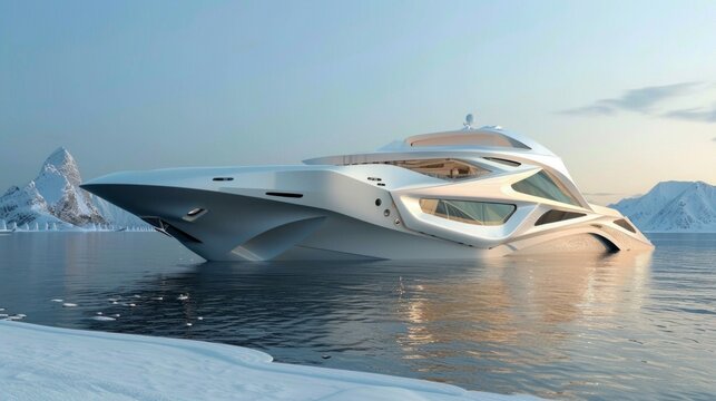 The futuristic yacht near the snow-capped mountains harmoniously combines luxury and innovation, creating the perfect backdrop for presentations of elite technologies or design projects.