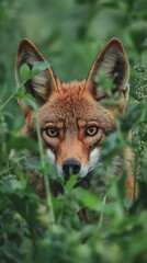 Obraz premium A red fox peeks out curiously from the grass, suitable for illustrating nature or as a background for environmental projects.