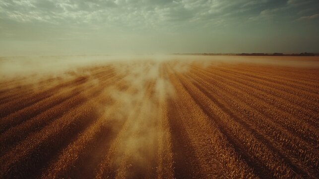 Dusty clouds over ploughed fields highlight the effects of drought and soil erosion, which will reinforce the visual backdrop for discussions on climate issues.