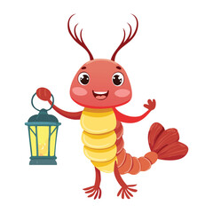 Happy pink shrimp Animal smiling brightly while holding a small antique lantern by its side illustration vector