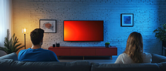 The couple watches television in a cosy living room with a brick wall, creating a warm, homely atmosphere — an excellent backdrop for advertising furniture or family holidays.