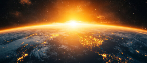 The dazzling sunset over Earth highlights the contrast between the glowing cities and the dark cosmos, emphasising the problem of light pollution, which is ideal for an atmospheric backdrop 