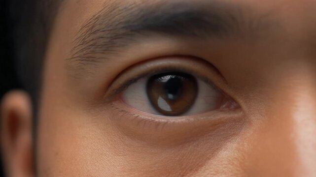 Close-up macro shot of a male Asian eye slowly opening and looking directly at the camera.